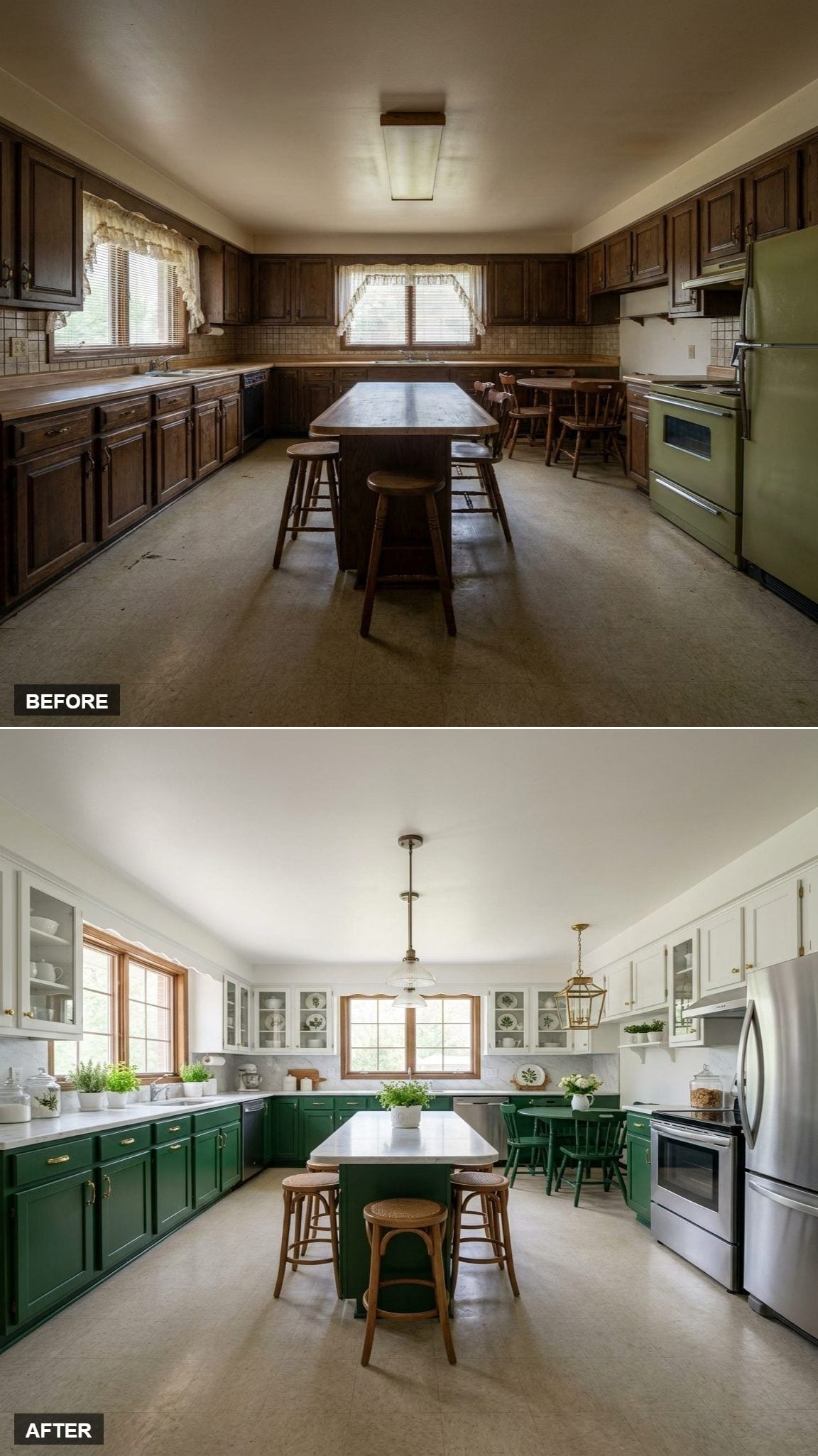 Hunter Green Lower Cabinets, White Uppers, Brass Hardware — And It Actually Works