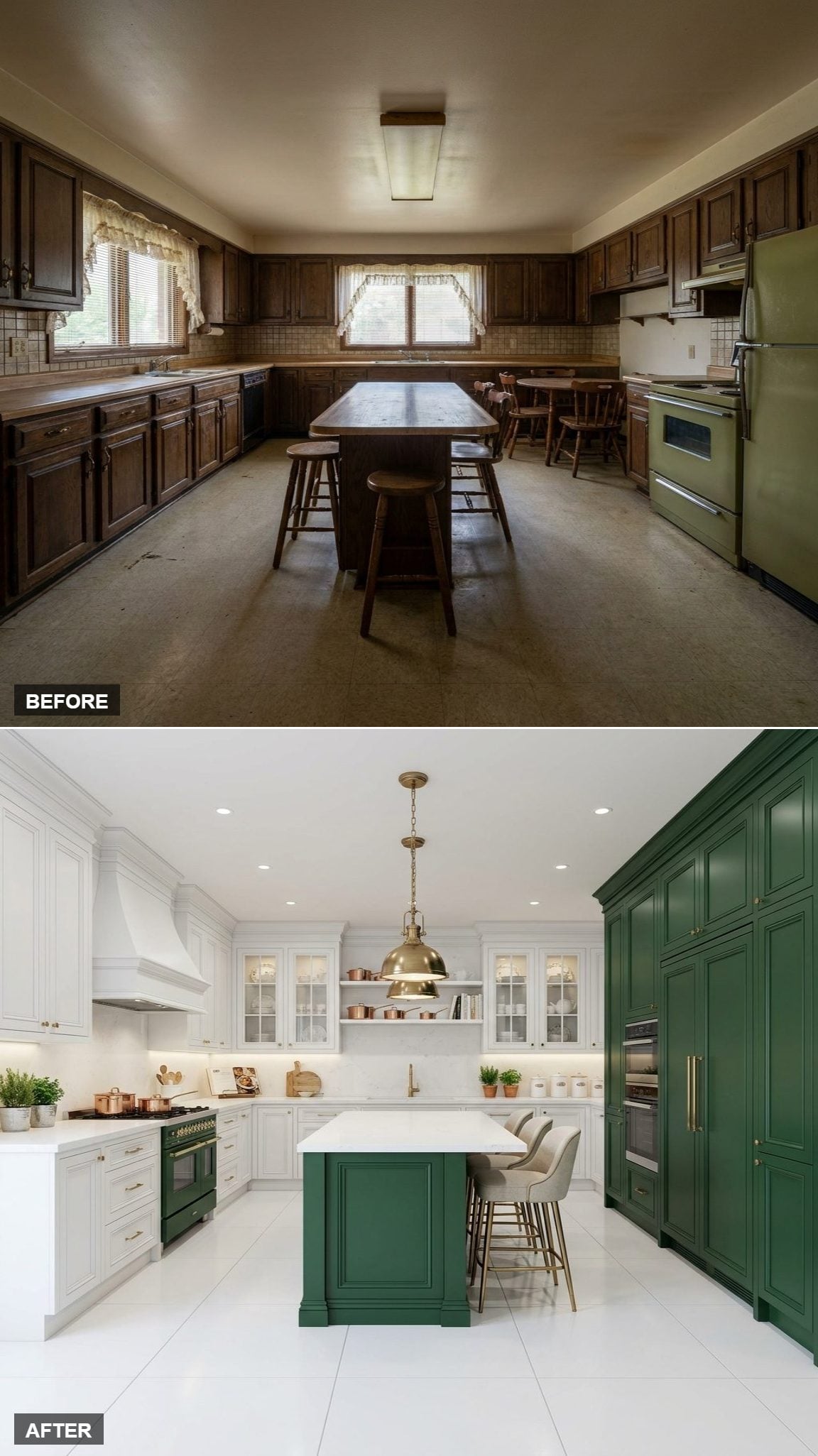 Inset Panel Island, Copper Cookware, and Green Tall Cabinets That Pull Their Weight
