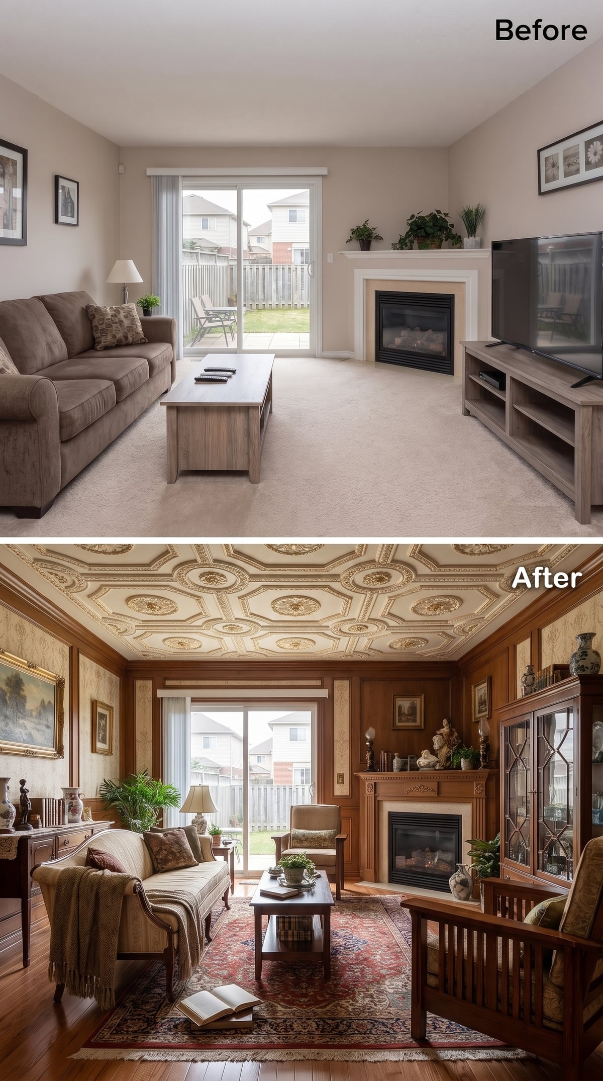 Medallion Ceiling, Dark Wood Paneling, and a Fireplace Surround That Finally Has Mass