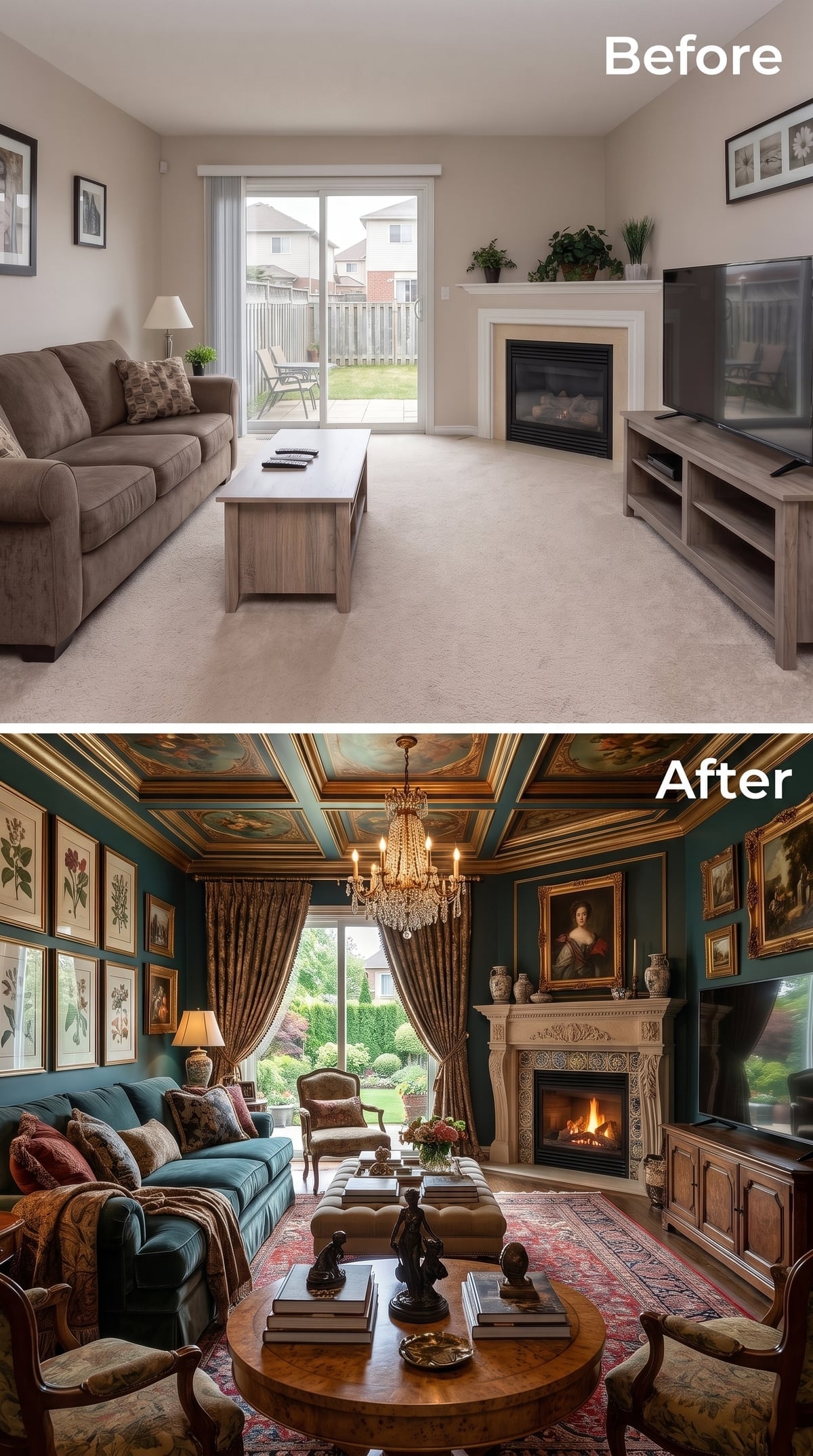 Painted Ceiling Panels, a Crystal Chandelier, and Teal Walls That Mean Business