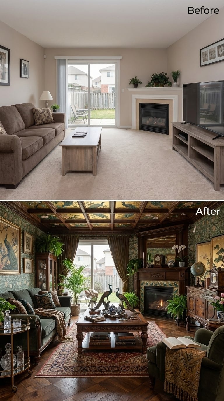 Peacock Wallpaper, Parquet Floors, and a Coffered Ceiling That Demands Attention