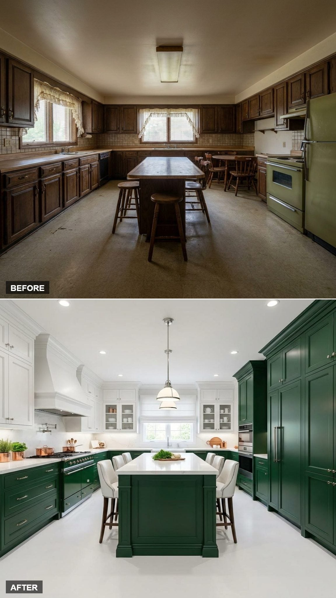 Racing Green Island, Recessed Uppers, and One Pendant That Closes the Loop