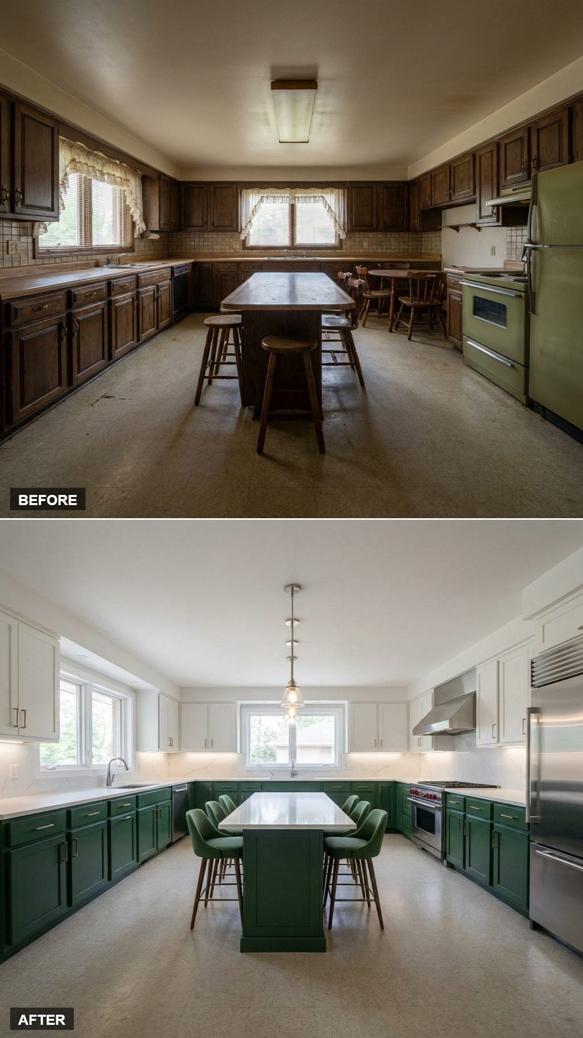 Racing Green Lowers, a Marble Island, and Upper Cabinets That Finally Let the Room Breathe