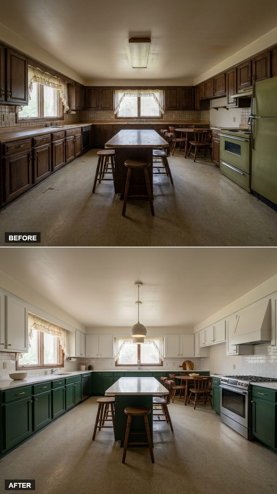 Split-Level Green and White Cabinets That Finally Give This Kitchen a Reason to Breathe