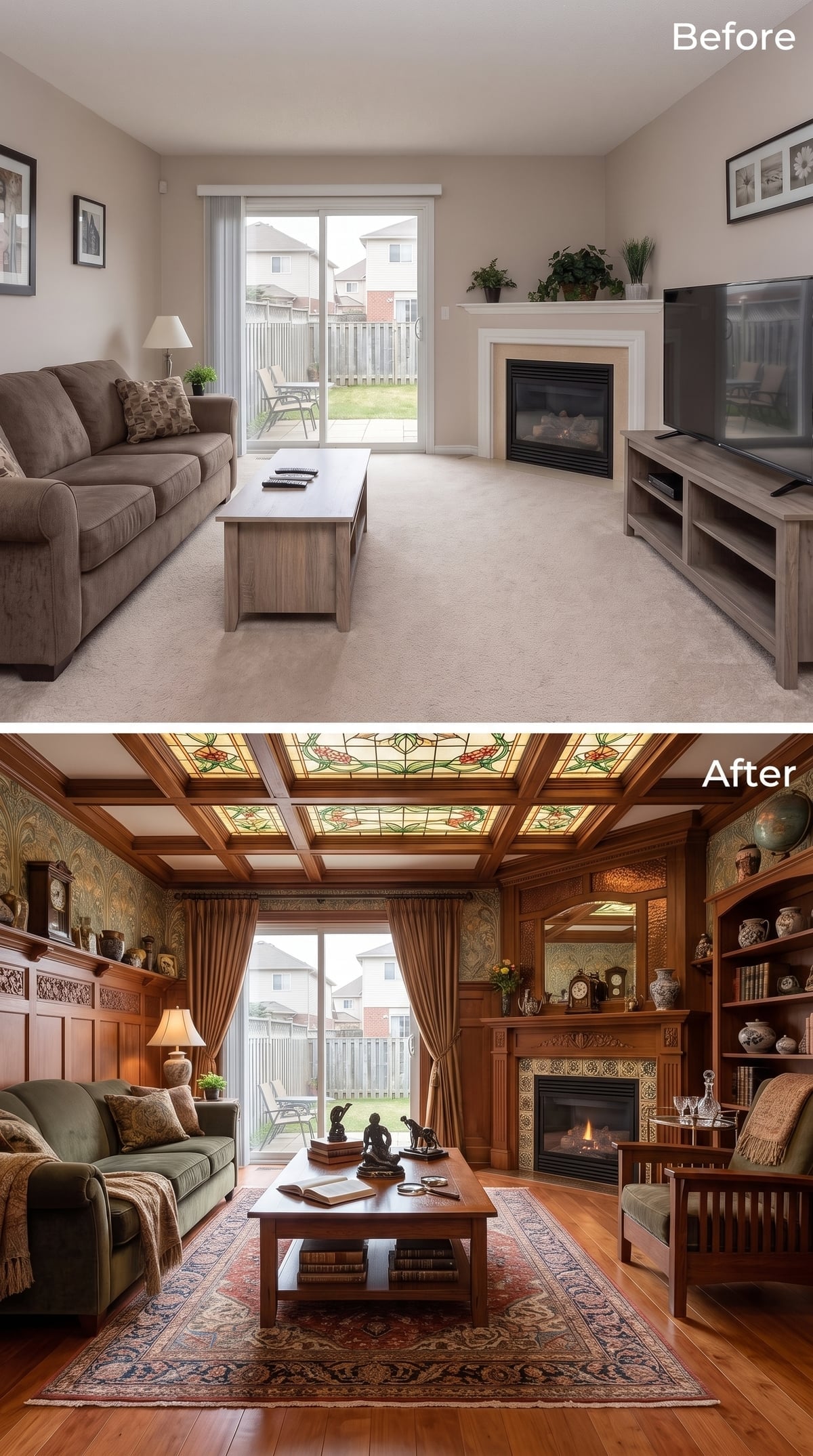 Stained Glass Coffered Ceiling, Arts and Crafts Fireplace Tile, and Hardwood That Changed Everything