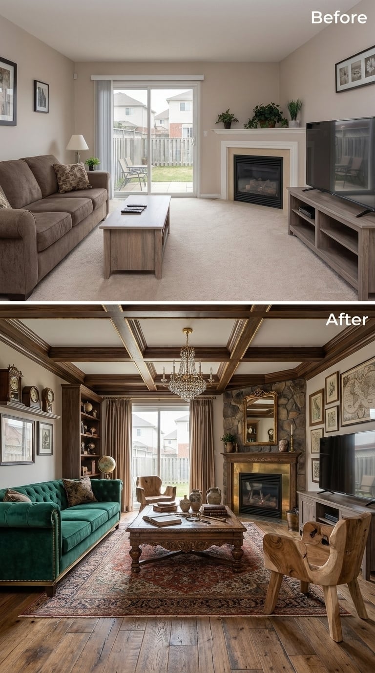 Stone Fireplace, Green Velvet, and a Chandelier That Actually Earns Its Glamour