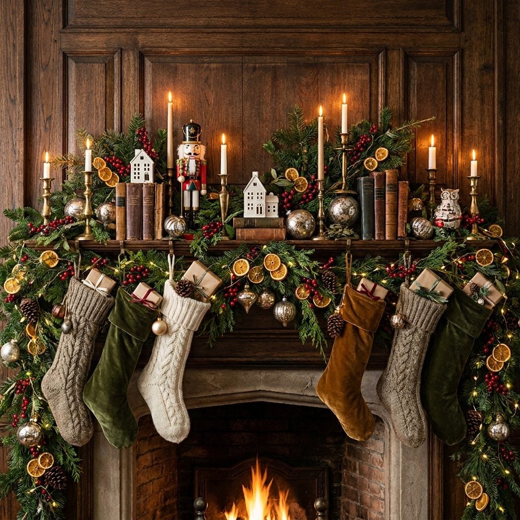White shiplap mantel packed edge to edge with candles, pinecones, houses, and figurines with no bare space.