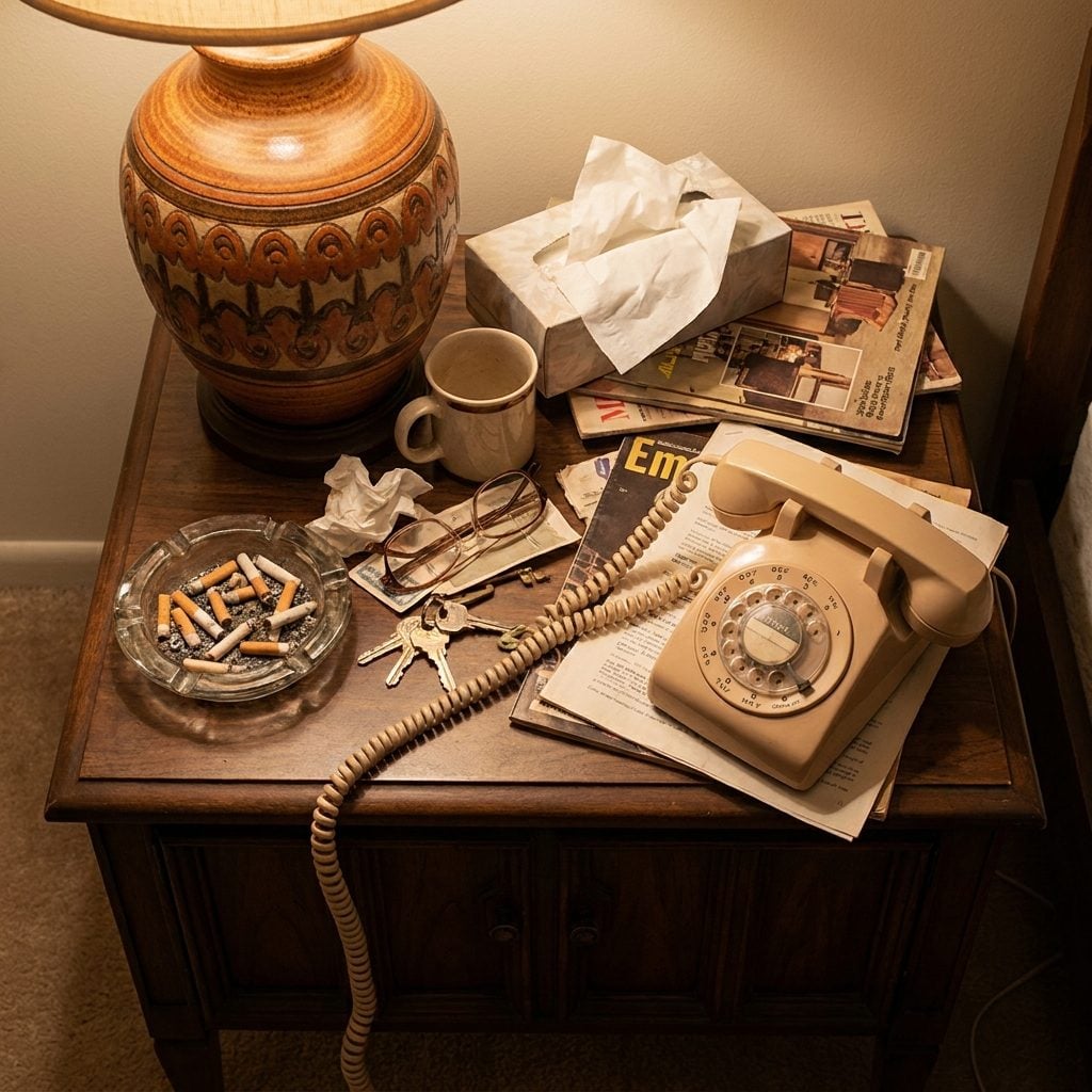 End Tables With a Lamp, Ashtray, Phone, and Family Clutter