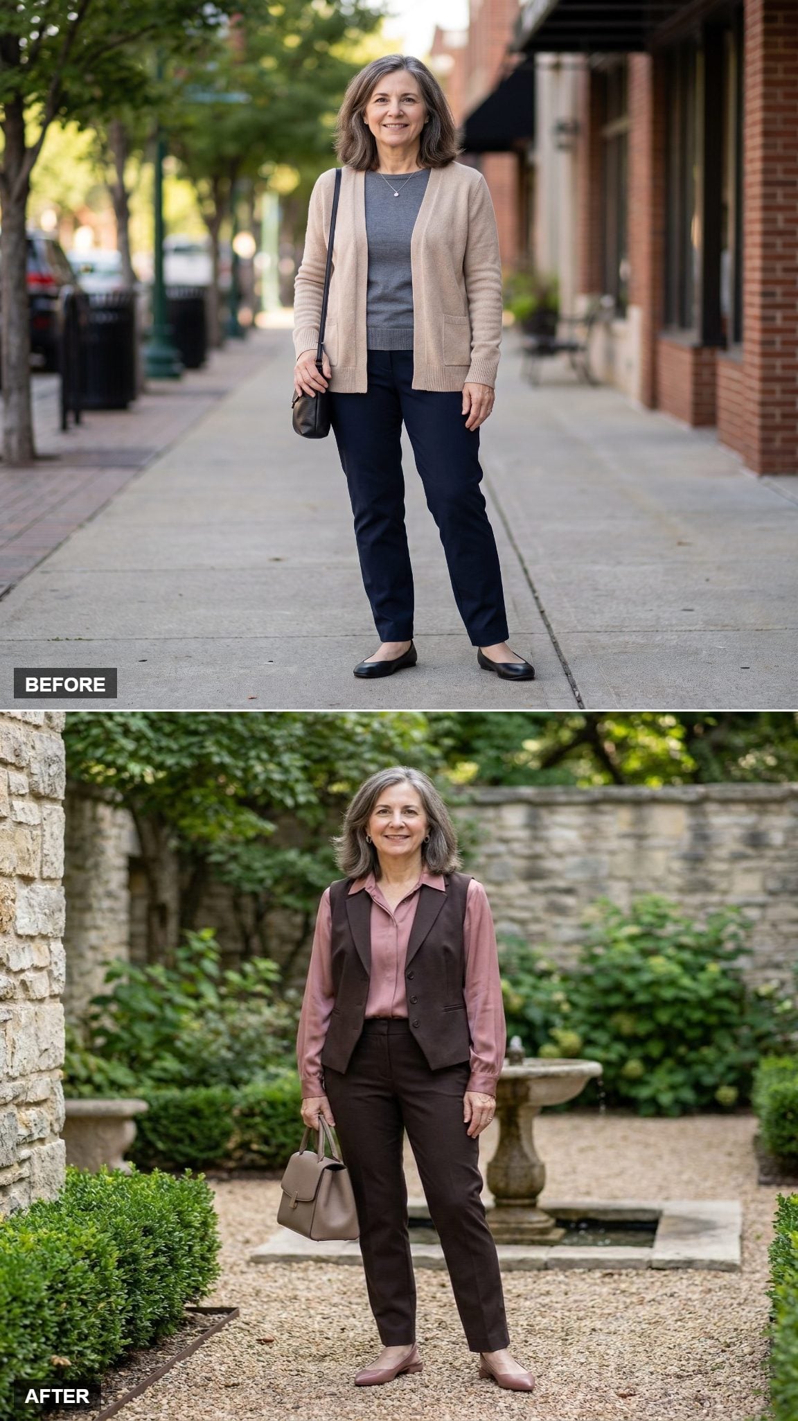 Espresso Tailored Vest, Dusty Rose Silk Blouse and Pointed Slingbacks in a Stone Garden