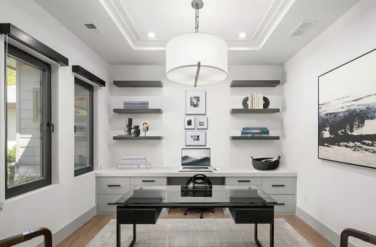 Floating Shelves and a Glass Desk Make This Home Office Work Twice as Hard