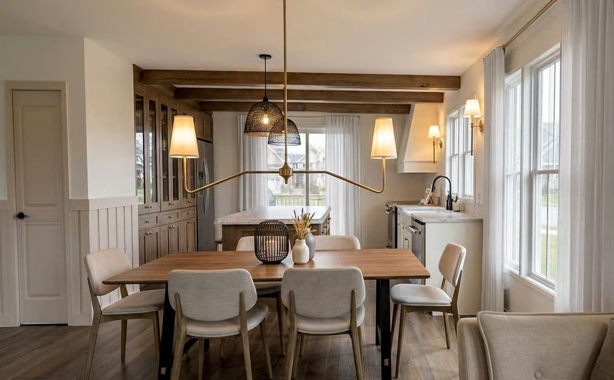 Exposed Ceiling Beams and a Linear Brass Fixture Set the Tone Before Breakfast