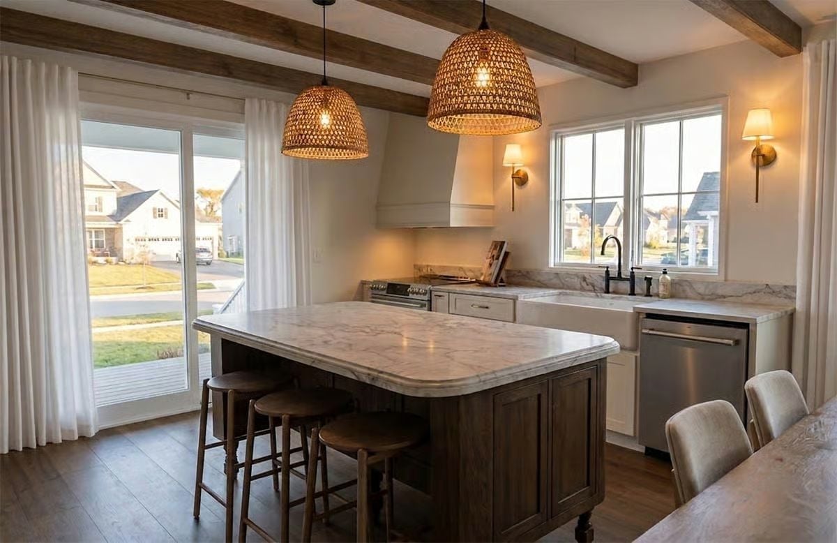 Woven Pendants and Exposed Beams Make This Kitchen Worth Waking Up For
