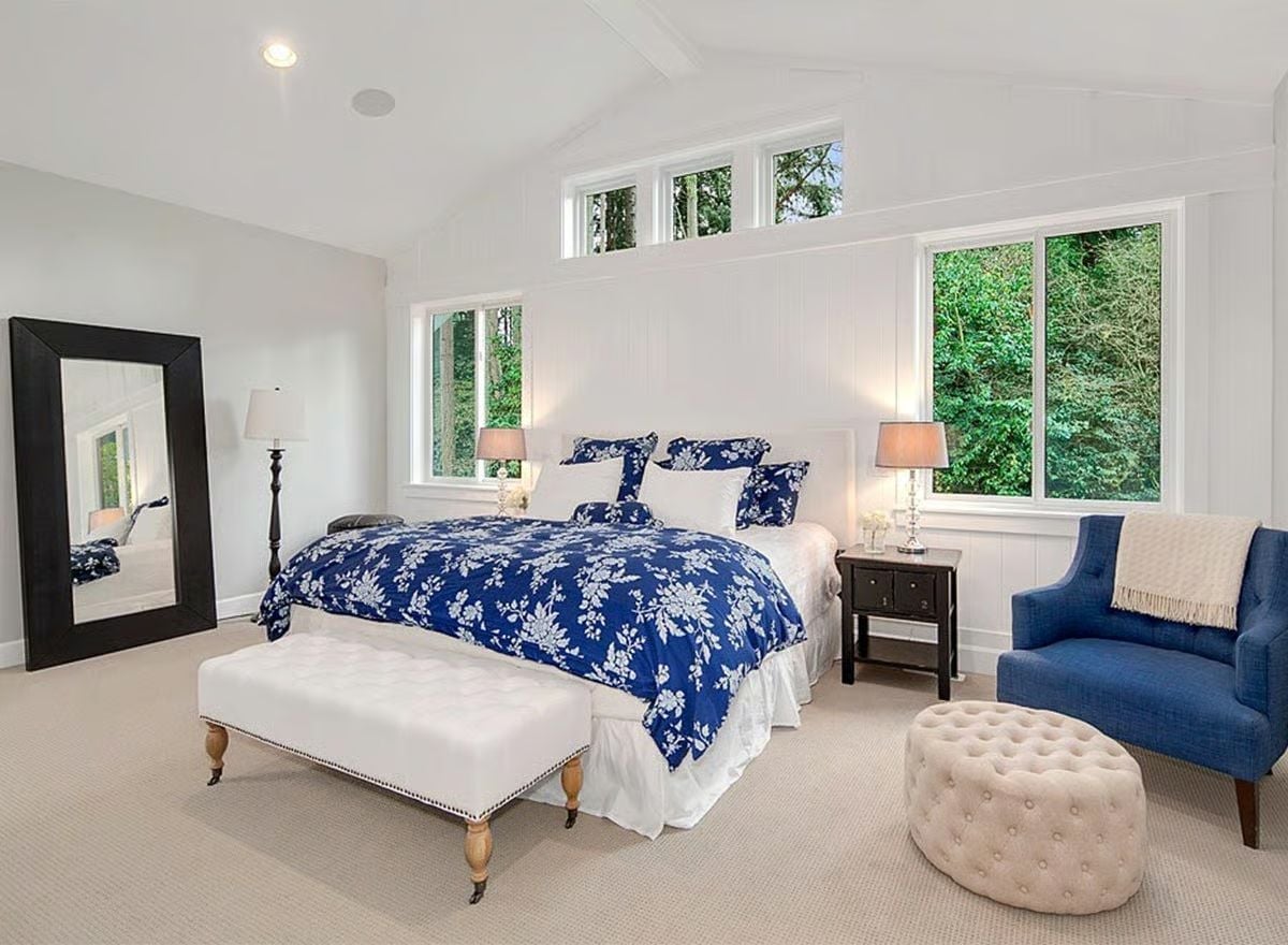 Blue Floral Bedding and a Floor Mirror That Makes the Whole Room Feel Bigger