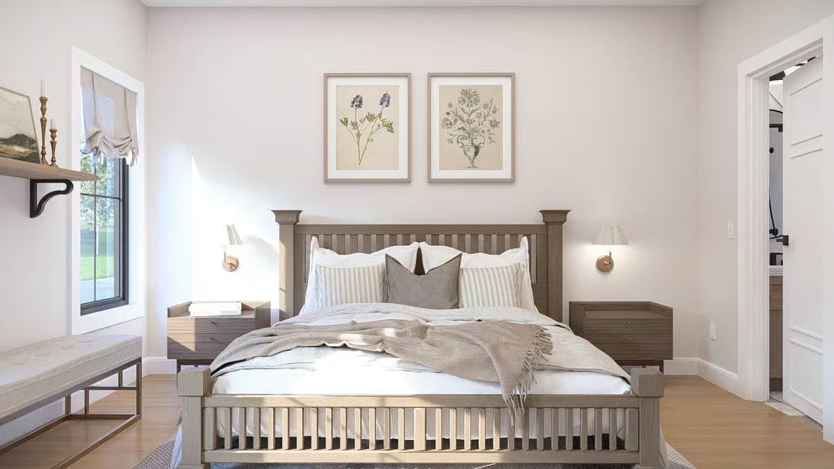 Botanical Prints and Wood Slat Headboard Nail the Farmhouse Bedroom Brief
