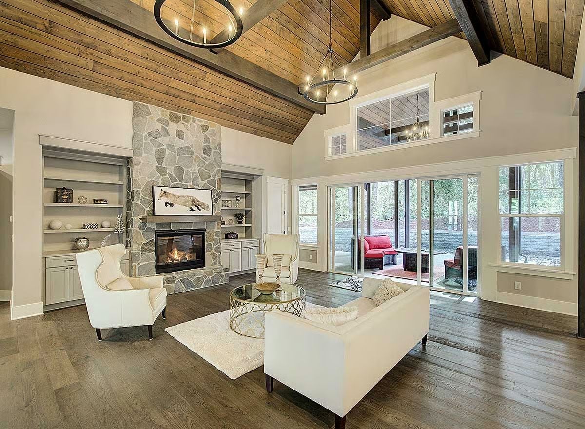 Stone Fireplace Anchors a Living Room Built Around Real Warmth
