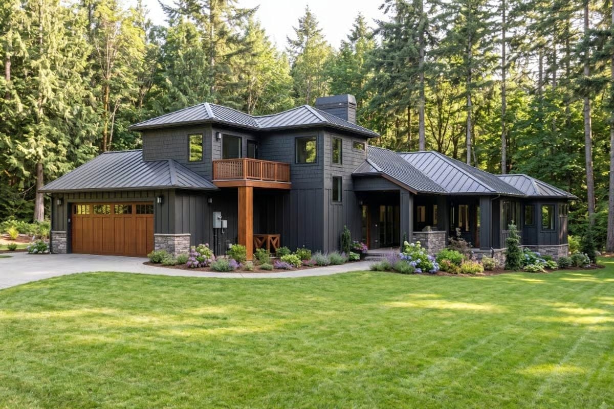 Dark Siding, Warm Wood, and a Metal Roof That Belongs in the Trees