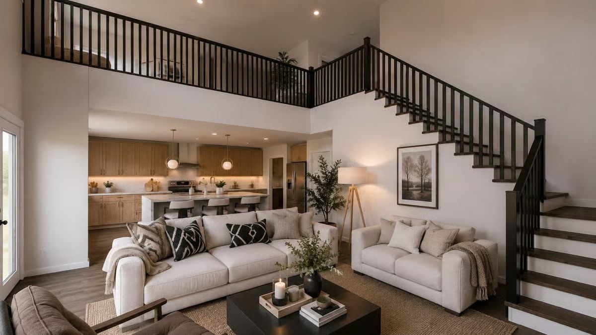 Double-Height Living Room With a Loft Rail That Does Real Architectural Work