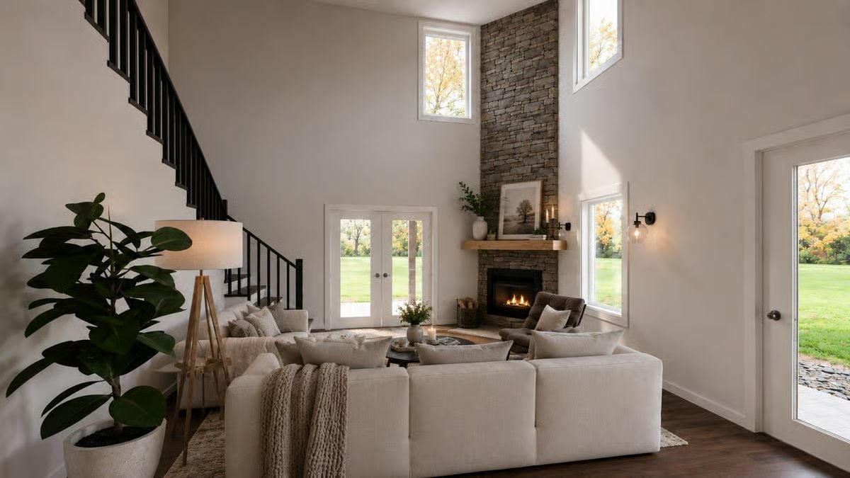 Stone Fireplace Tower and Double-Height Ceilings That Actually Earn Their Square Footage
