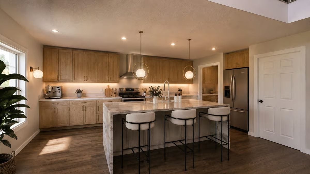 Warm Oak Cabinets and a Waterfall Island That Pulls the Whole Kitchen Together