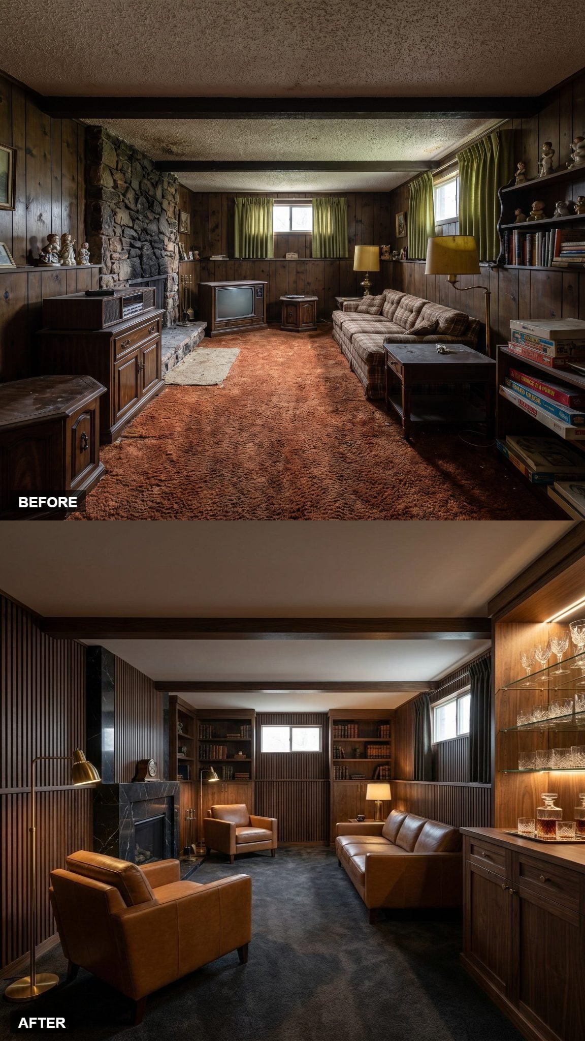 Executive Lounge with Walnut Slat Walls, Caramel Leather, and a Bar Cabinet