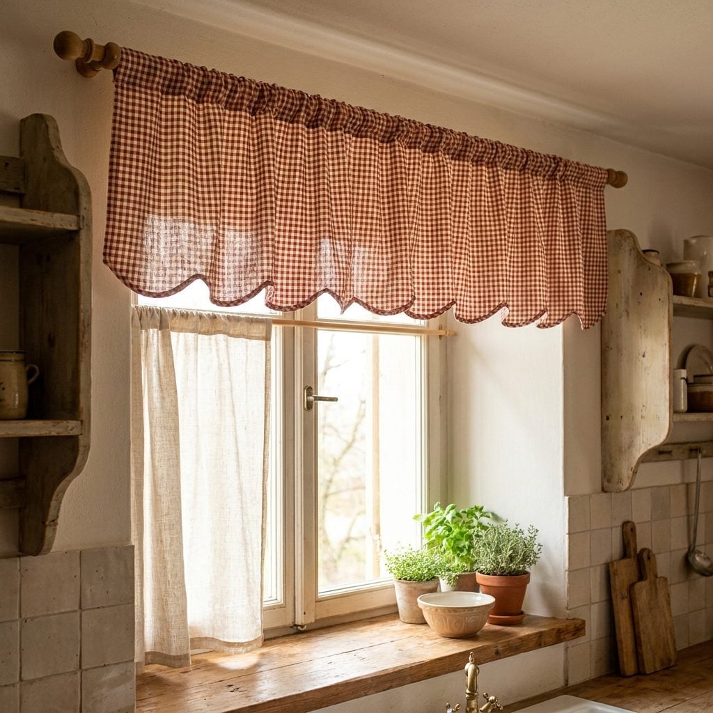Fabric valance over a kitchen window