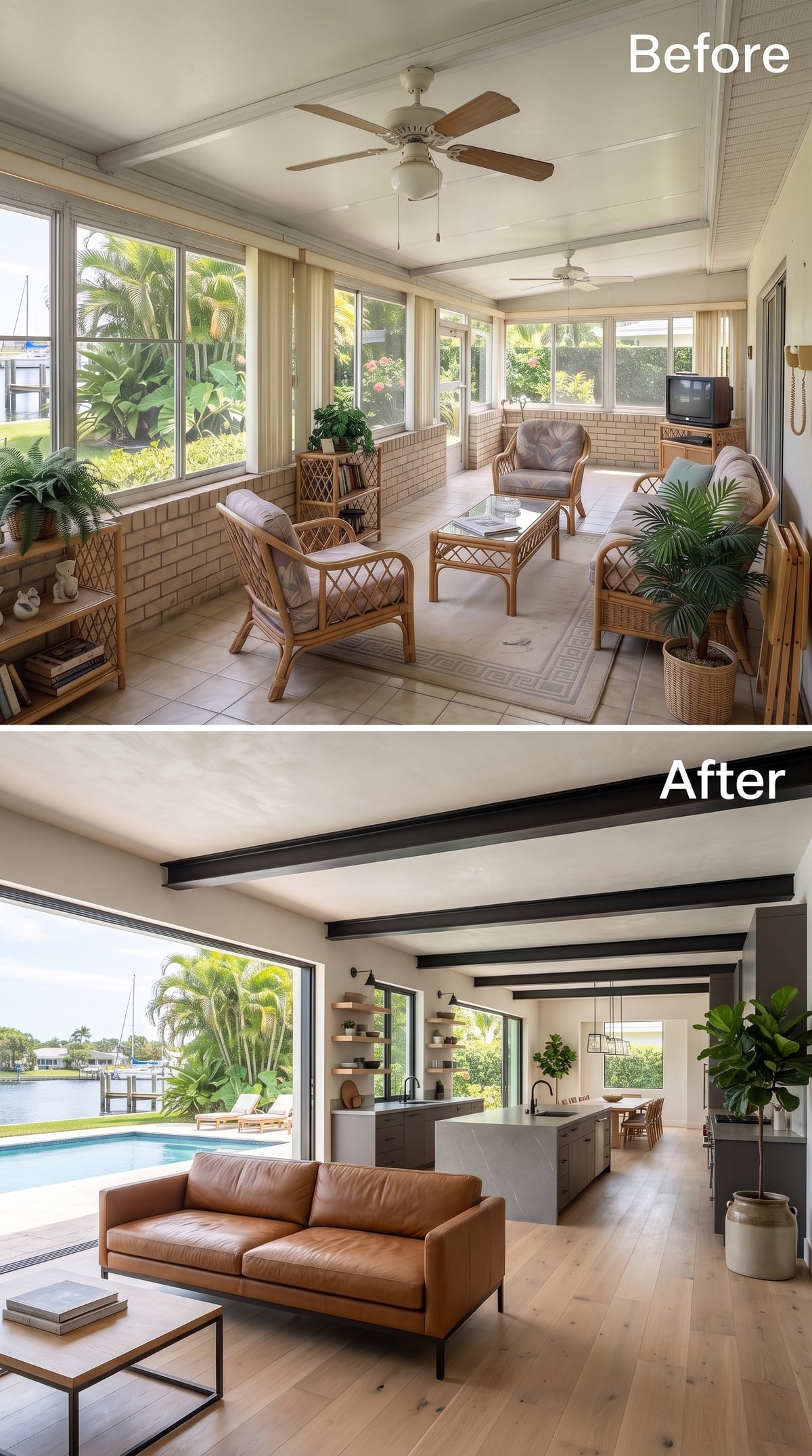 Black Ceiling Beams, a Leather Sofa, and a Pool View That Earns Every Square Foot