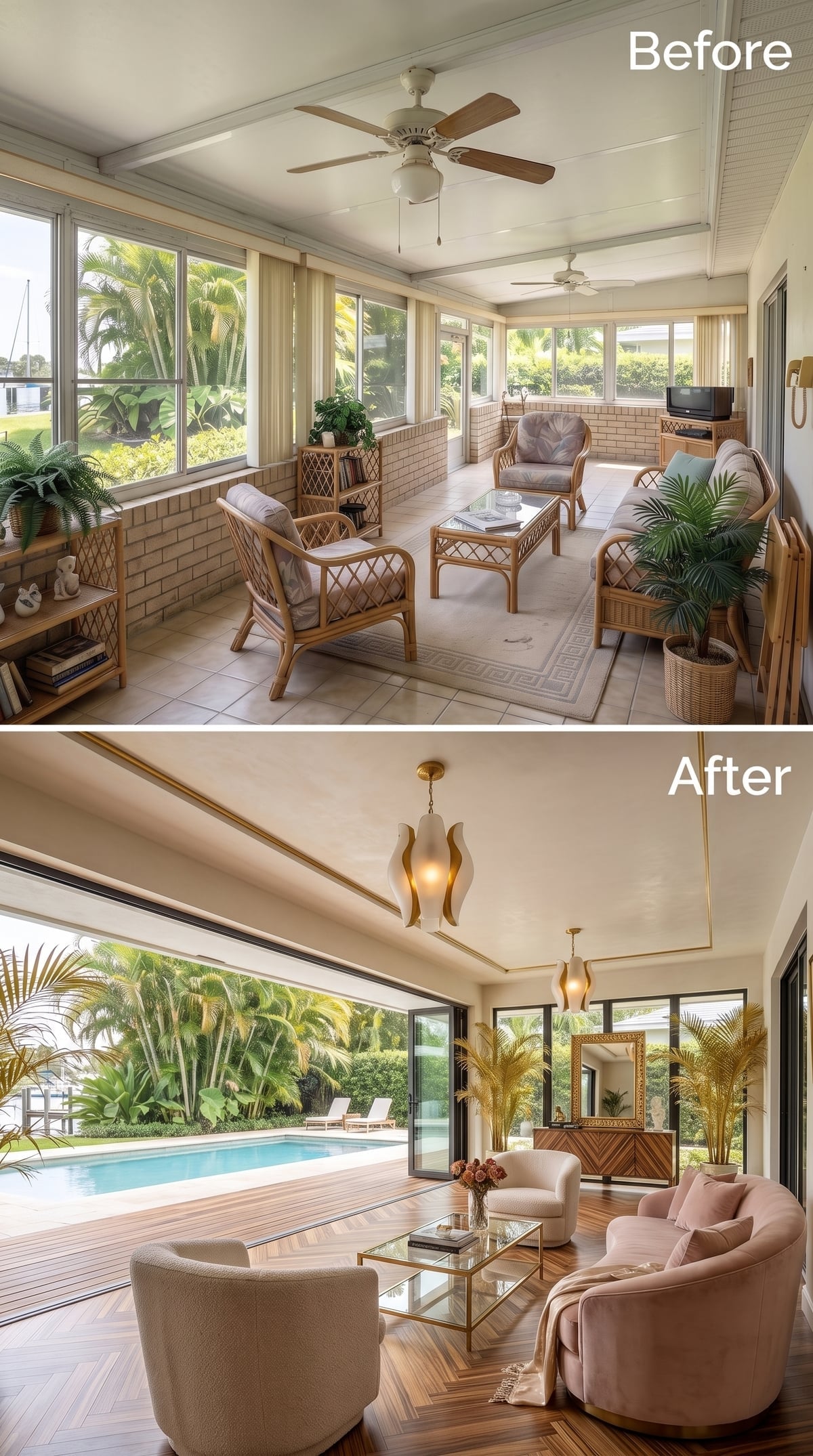 Blush Bouclé and Gold Pendants Gave This Sunroom Its First Real Identity