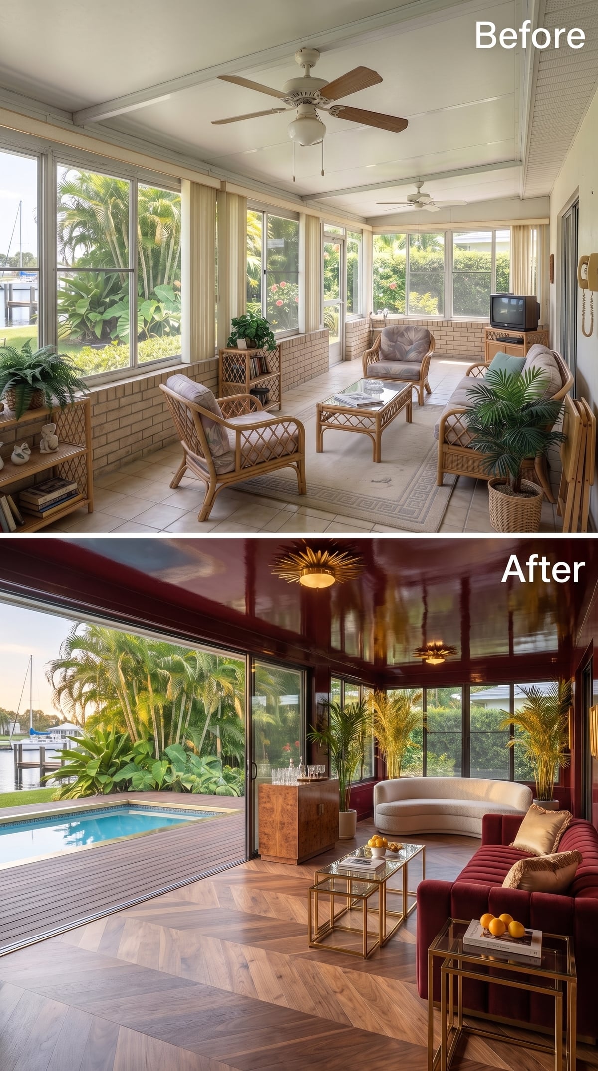 Burgundy Lacquer Up Top, Curved Cream Sofa Below — Florida Plays It Seriously Cool