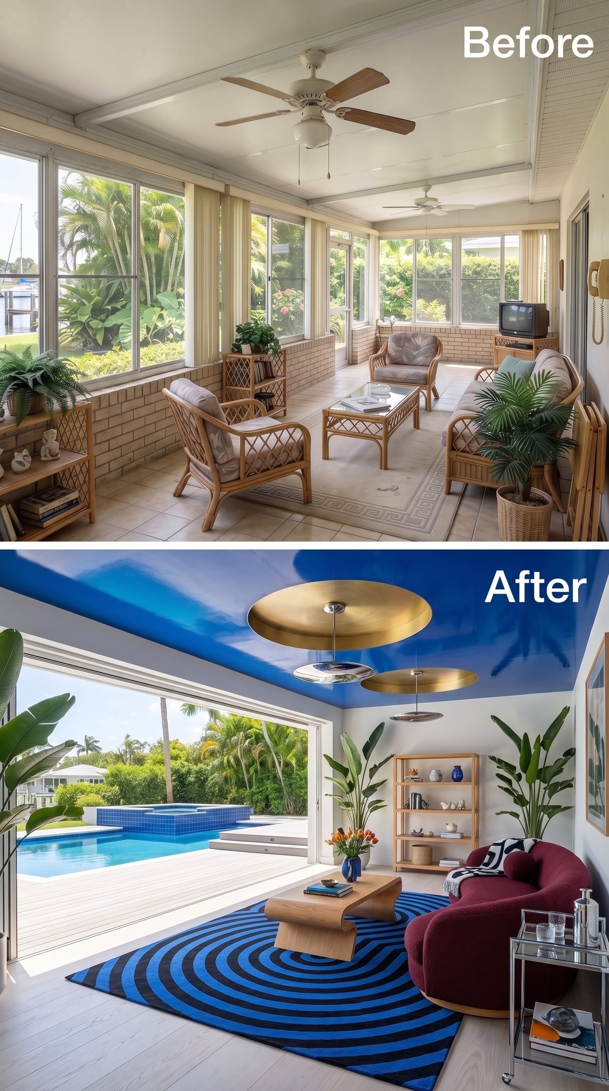 Cobalt Ceiling, Gold Disc Pendants, and a Pool Wall That Finally Got Out of the Way