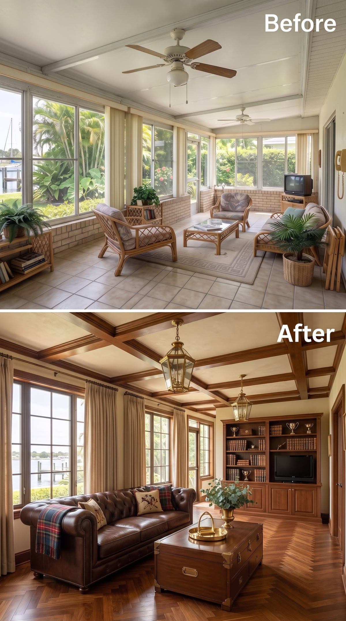 Coffered Ceilings and a Chesterfield Sofa Pulled This Sunroom Into an Entirely Different Century