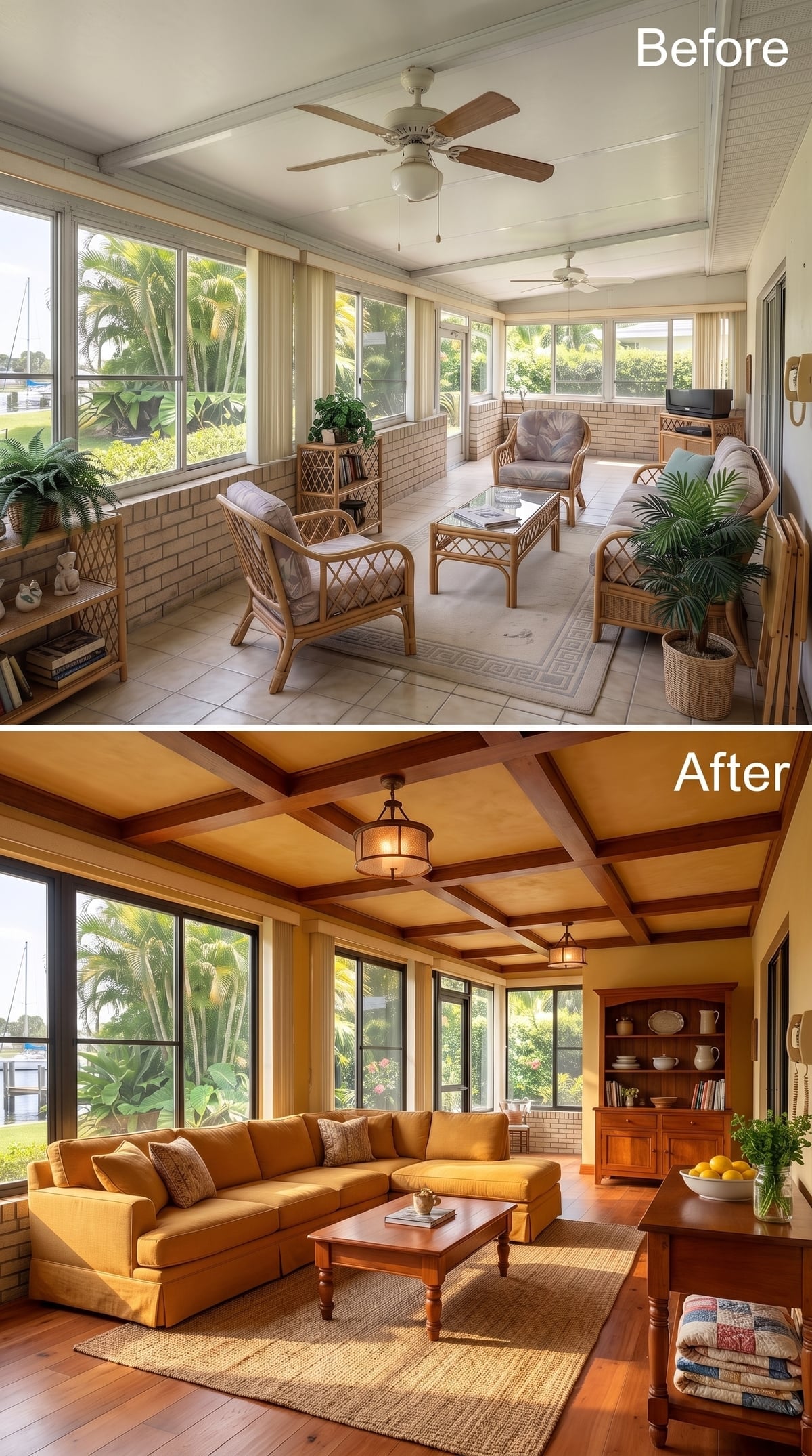Coffered Ceilings and Warm Wood Turned a Tired Sunroom Into Something Worth Staying In