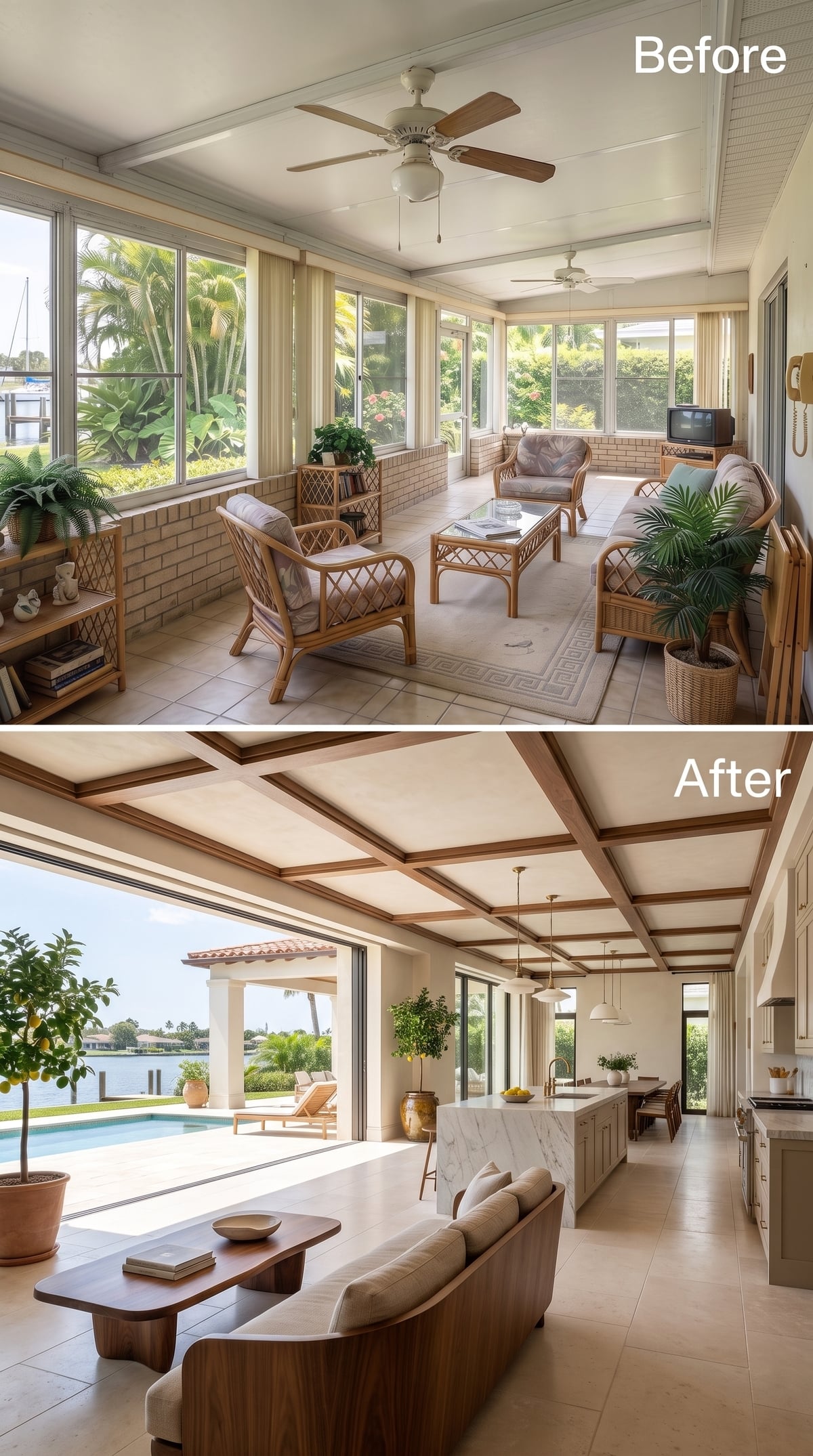 Coffered Wood Beams, Marble Island, Open Glass Wall — Florida Finally Grew Up