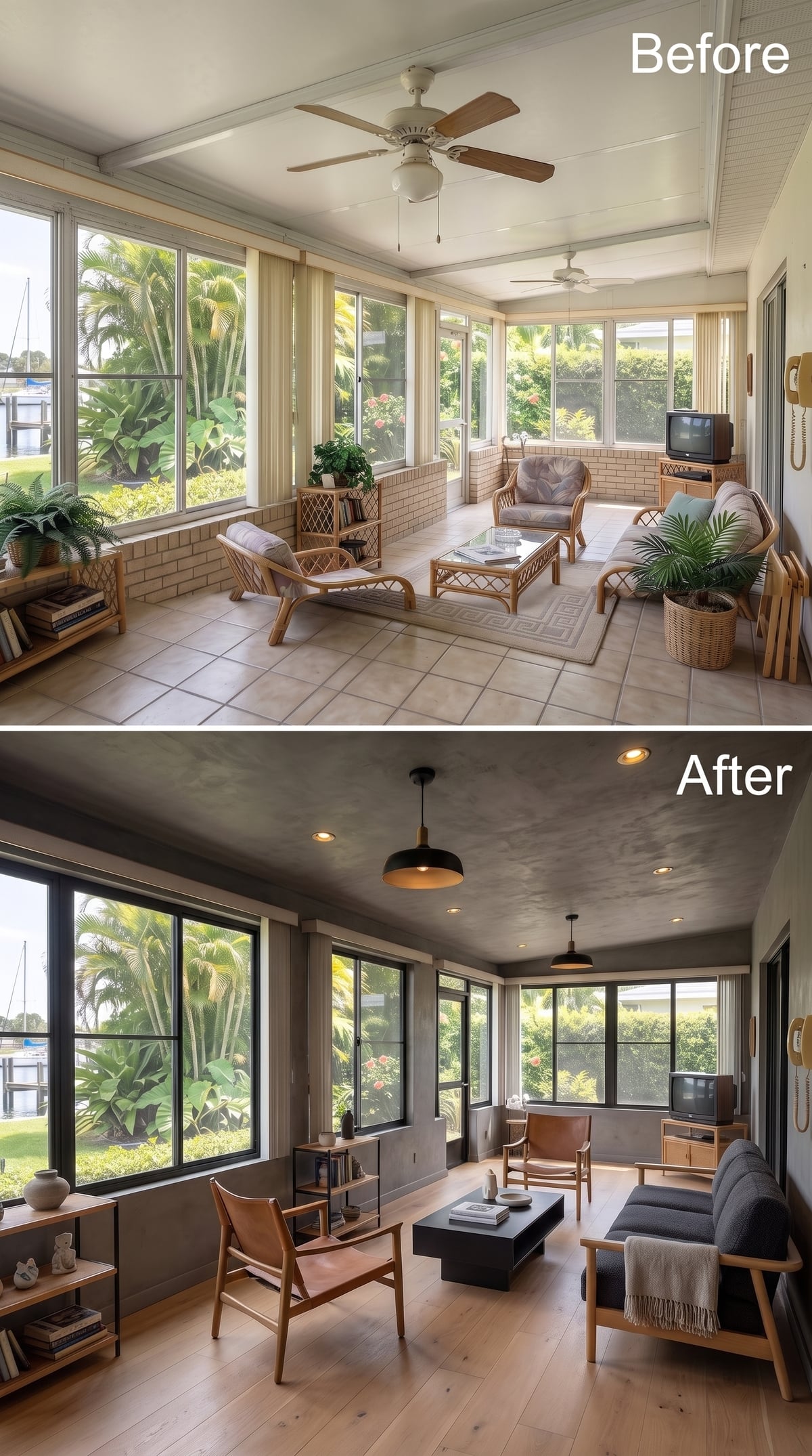 Concrete Ceilings and Leather Chairs Gave This Sunroom Something Worth Keeping