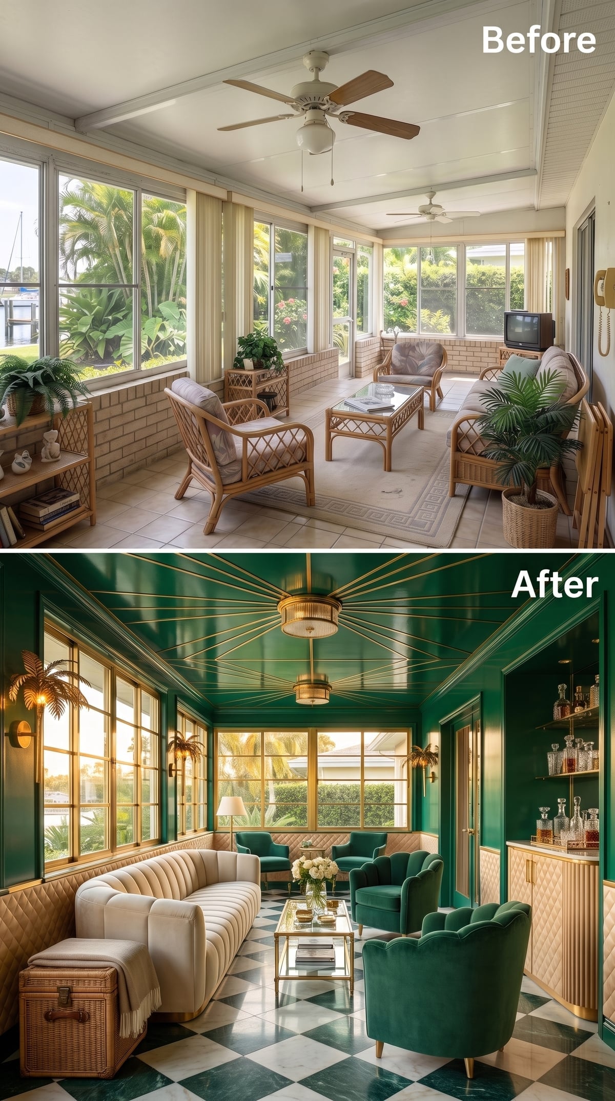 Emerald Lacquer and Gold Ceiling Lines Turned a Sunroom Into a Serious Cocktail Lounge
