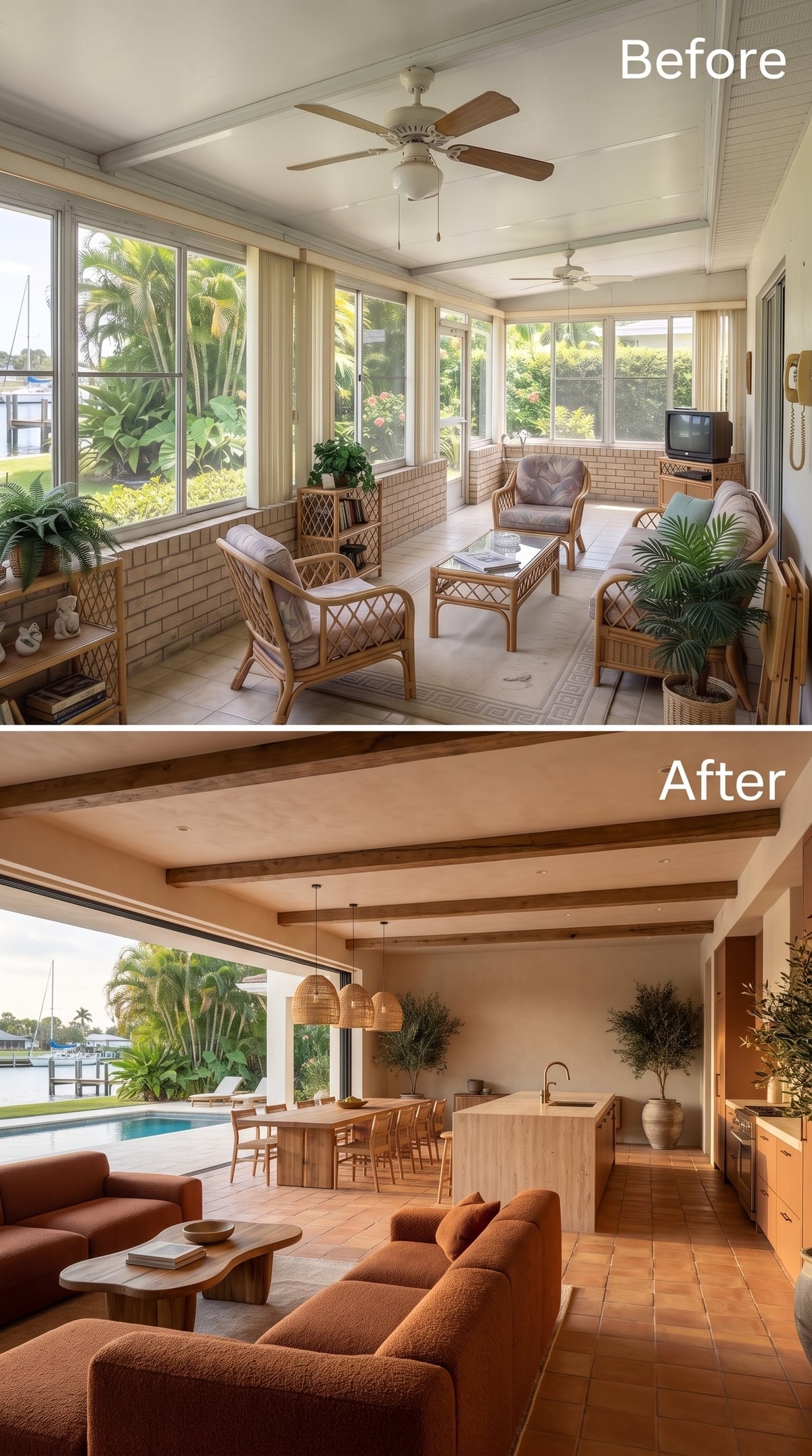 Exposed Beams, Bouclé Sofas, and an Open Glass Wall That Earned Its View