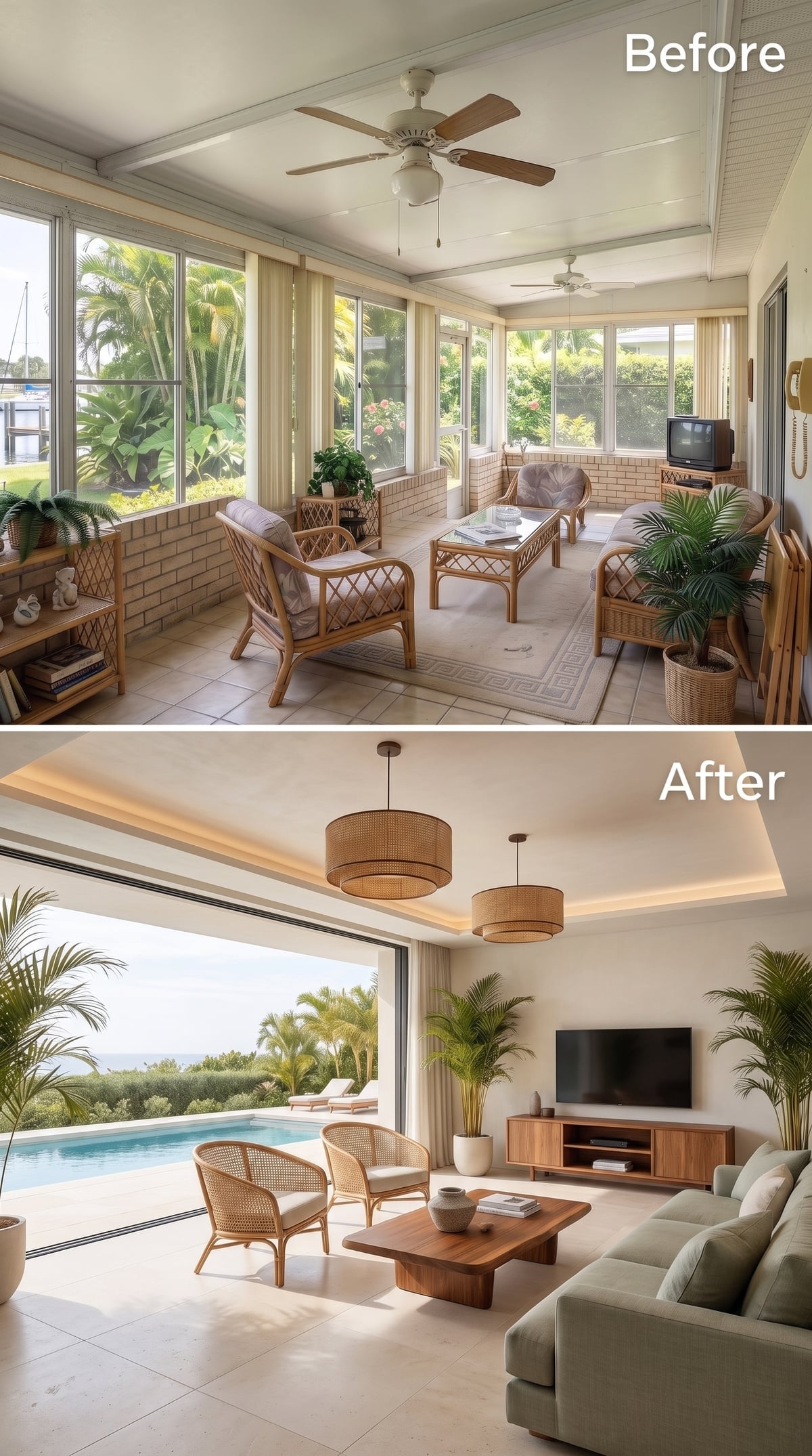 Floor-to-Ceiling Glass and Warm Rattan Gave This Sunroom Room to Breathe