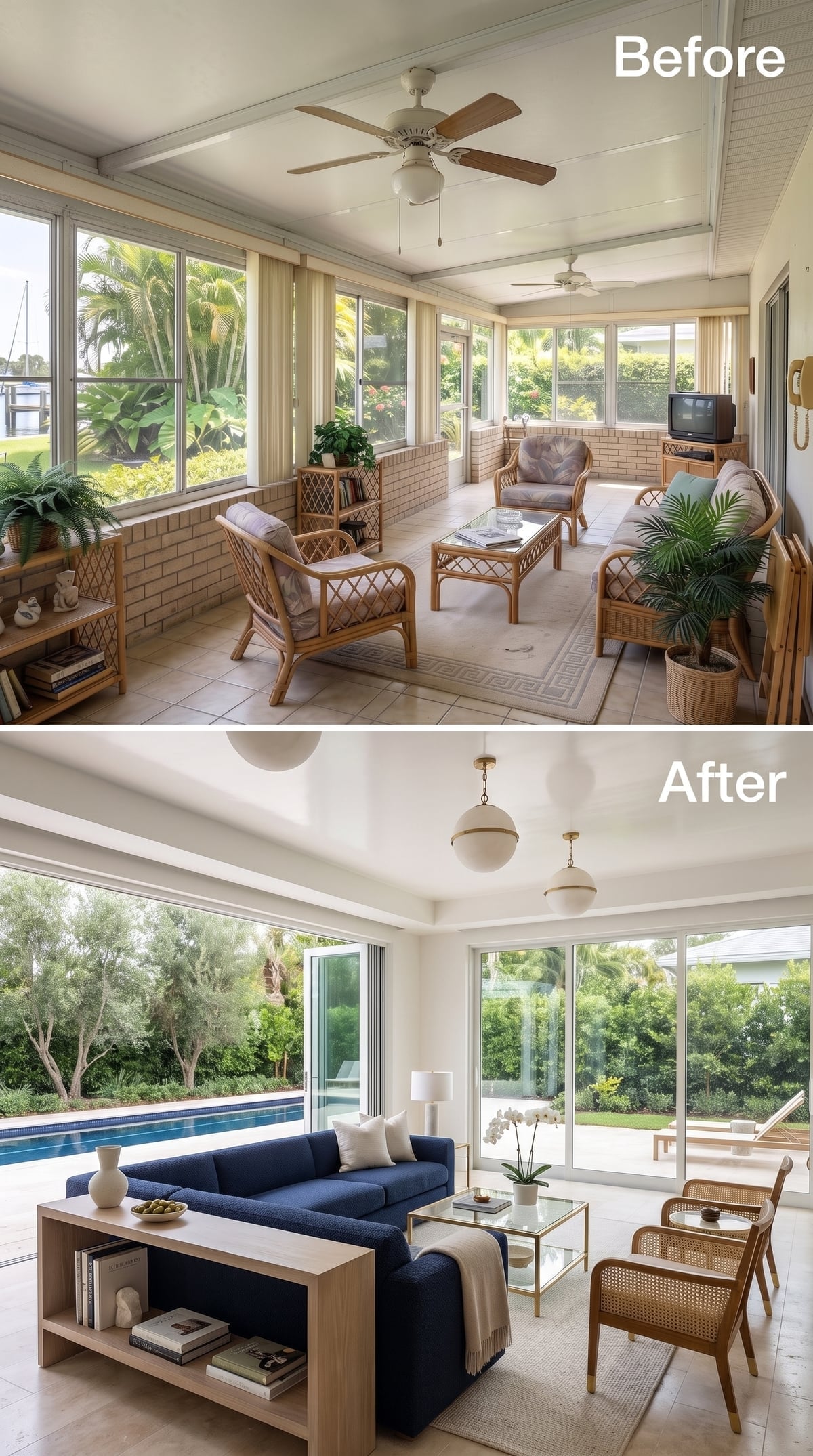 Globe Pendants, a Navy Sofa, and Cane Chairs That Finally Match the View