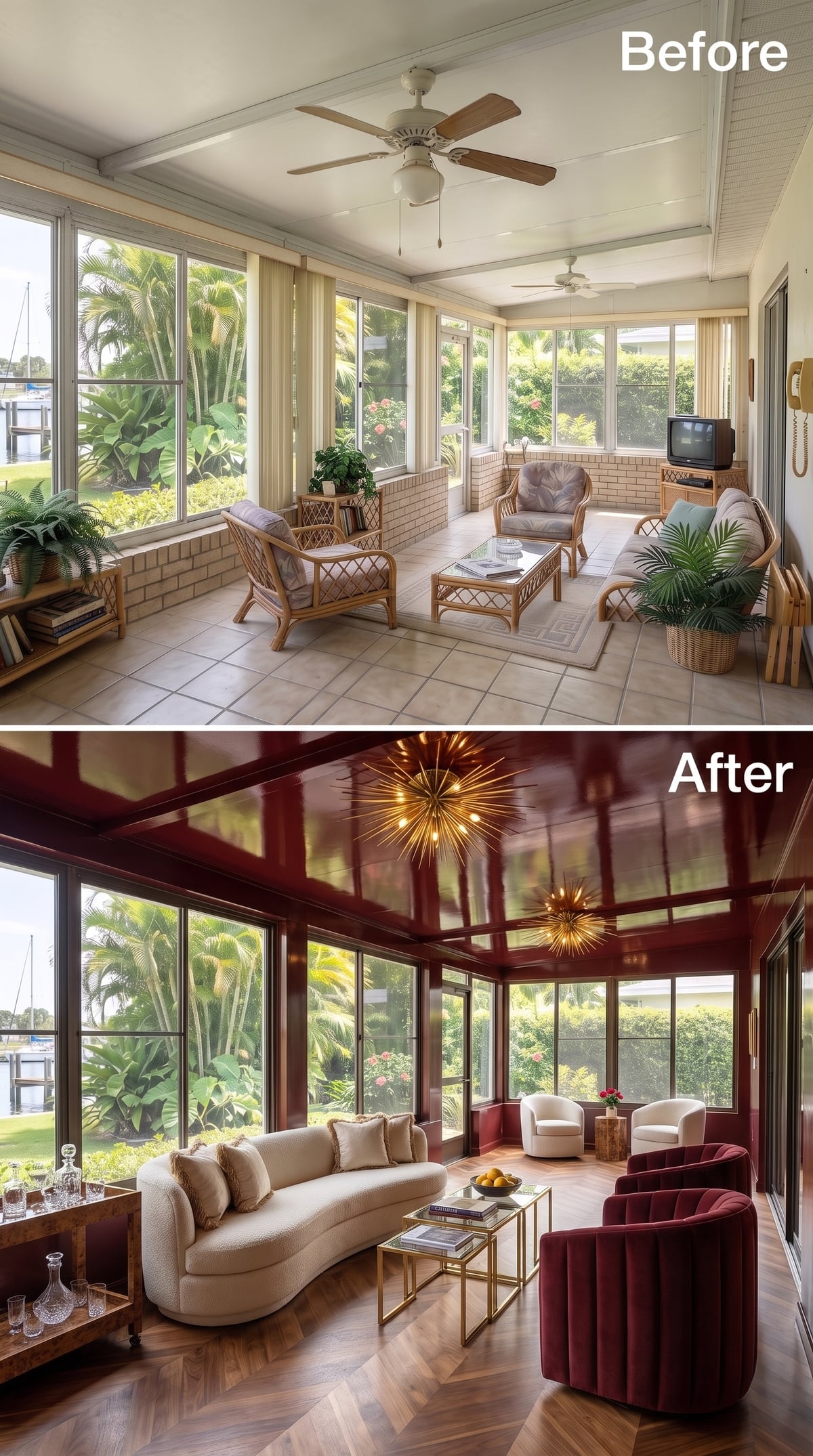 Lacquered Crimson Ceilings and Sputnik Gold Changed Every Rule This Sunroom Had