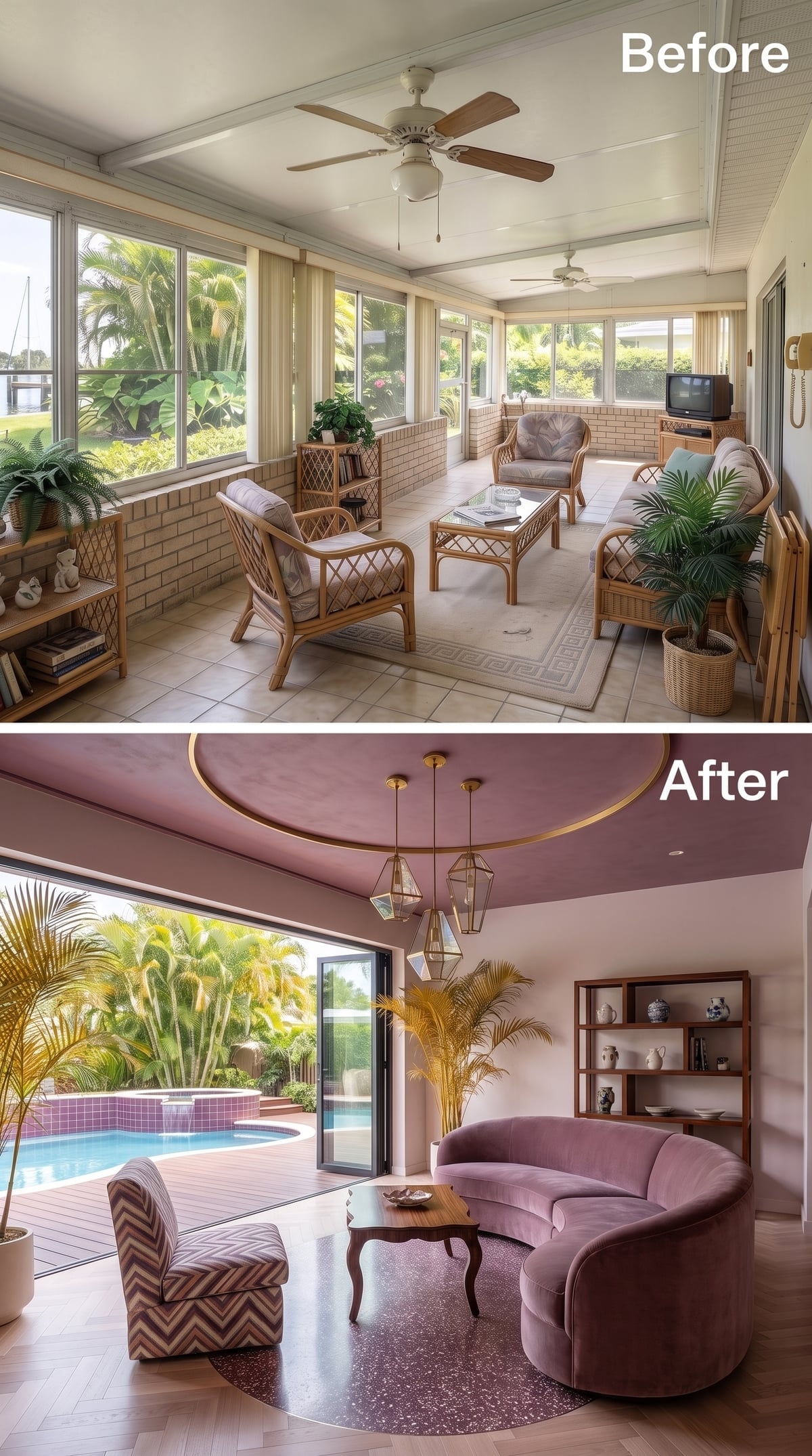 Mauve Ceilings and Gold Pendants Pulled This Florida Sunroom Into a Different Era