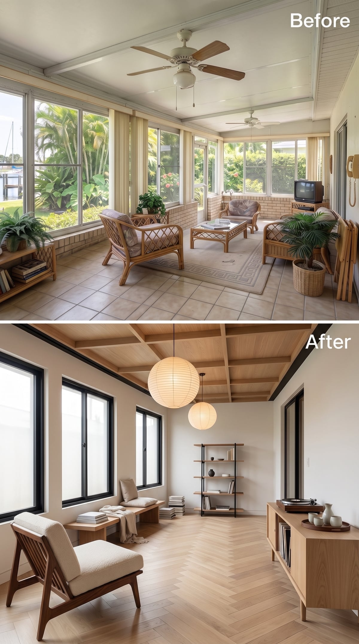 Paper Lanterns and Herringbone Oak Gave This Sunroom an Entirely Different Personality