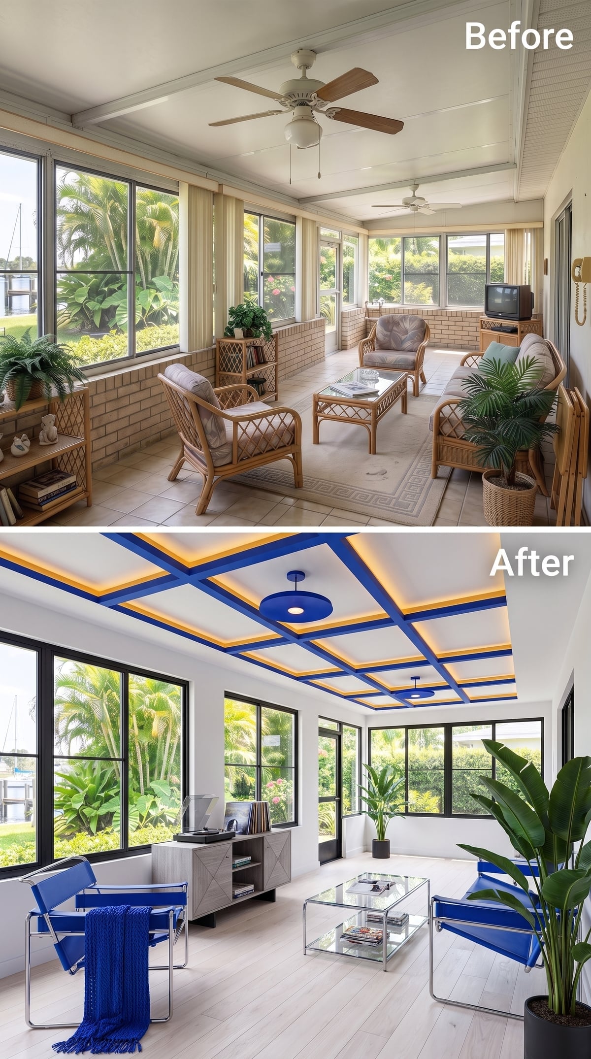 Royal Blue and Warm Gold Turned a Florida Sunroom's Ceiling Into Its Best Feature