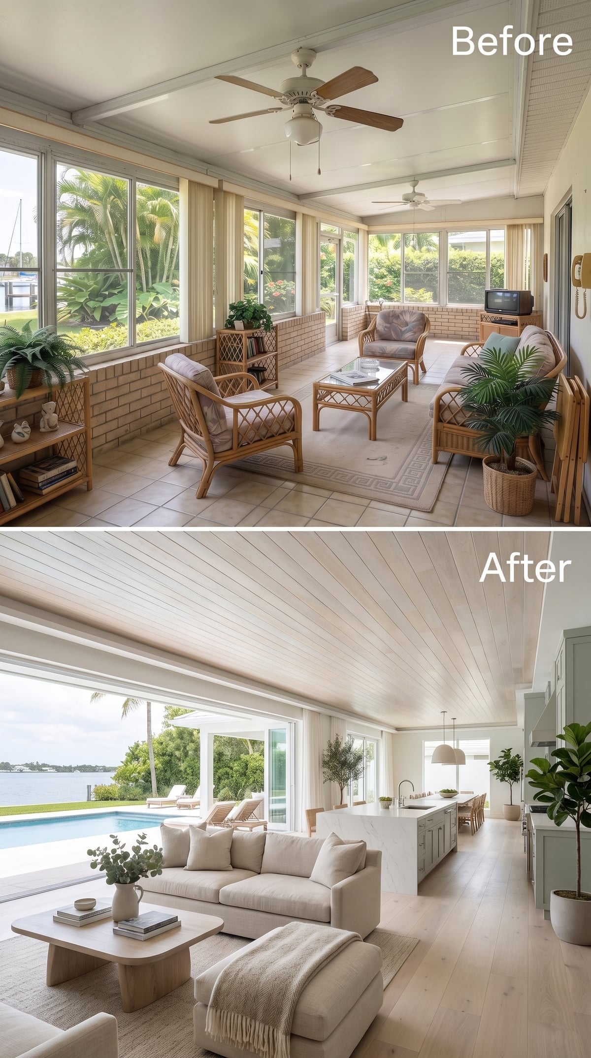 Shiplap Ceiling, Linen Sofas, and a Pool View That Finally Has Room to Breathe