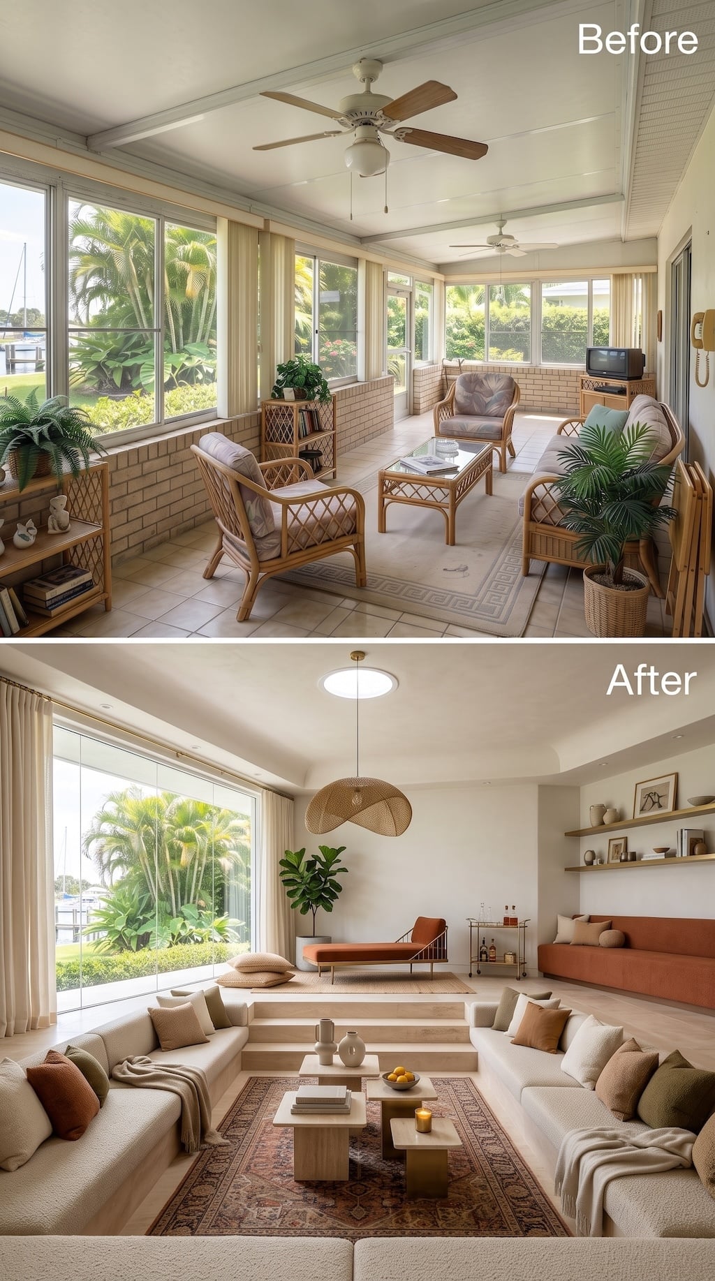 Sunken Seating and a Woven Pendant Turned a Dated Porch Into Something Worth Lingering In