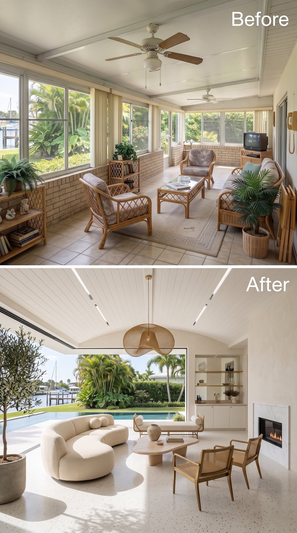 Vaulted Shiplap, a Curved Bouclé Sofa, and a Fireplace Nobody Saw Coming