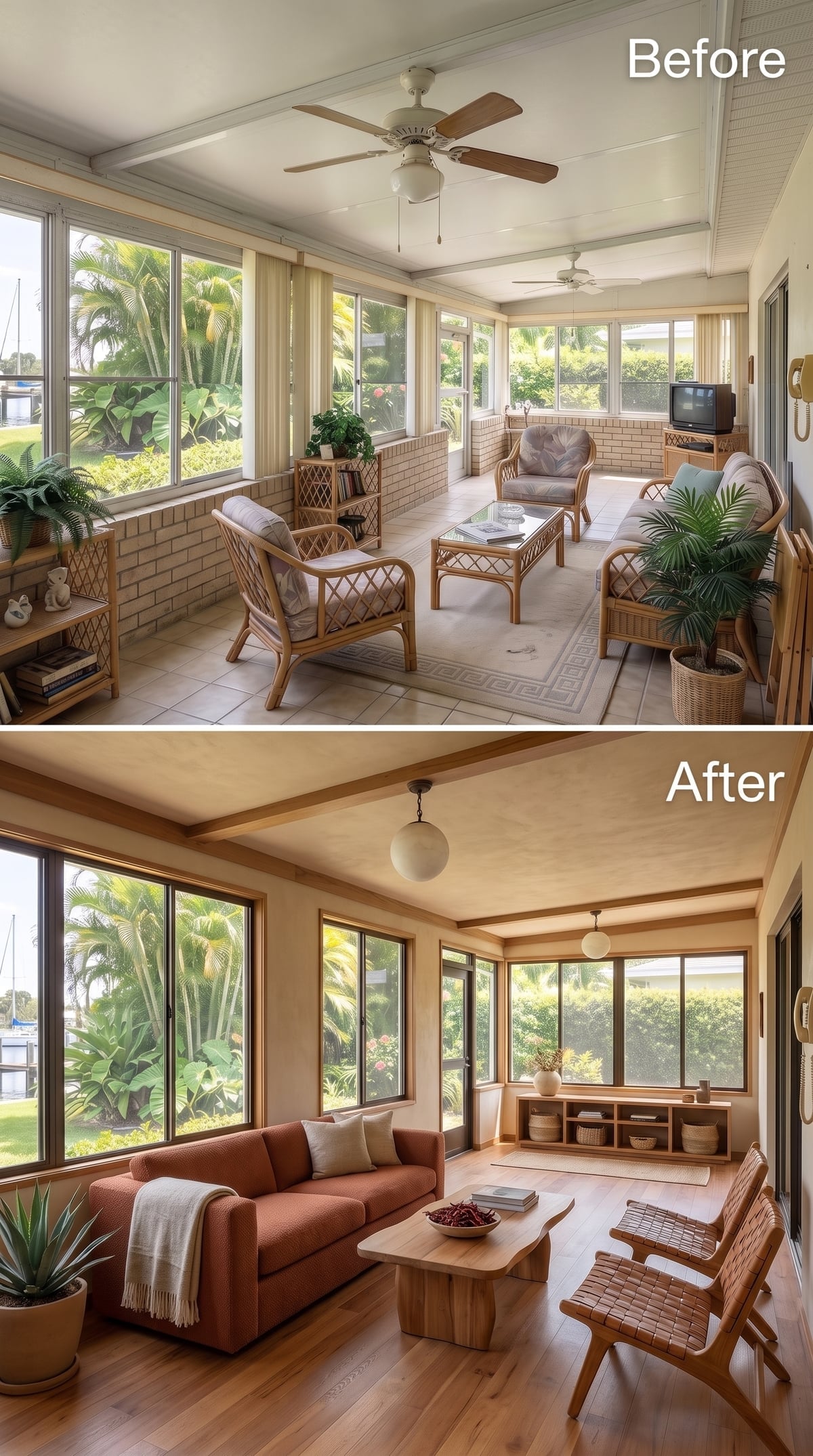 Warm Oak Trim and a Terracotta Sofa Gave This Sunroom an Entirely New Sense of Itself