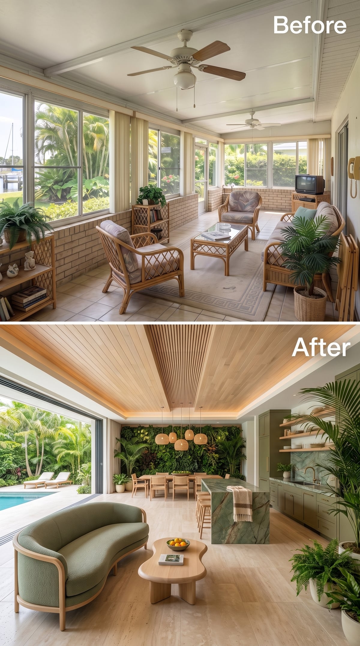 Wood Slat Ceiling, a Living Wall, and Green Marble Made Florida Feel Entirely New