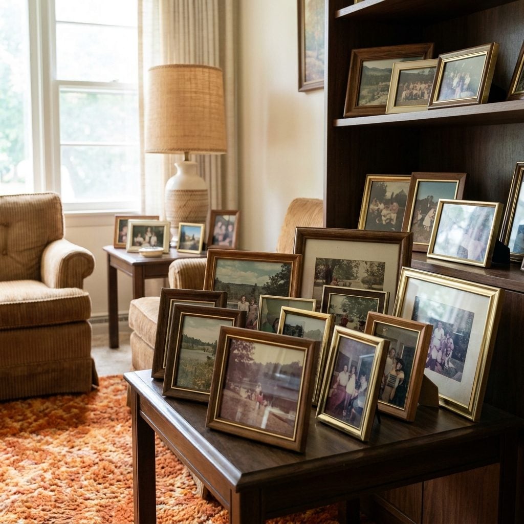 The Family Photos Covering End Tables, Shelves and the TV