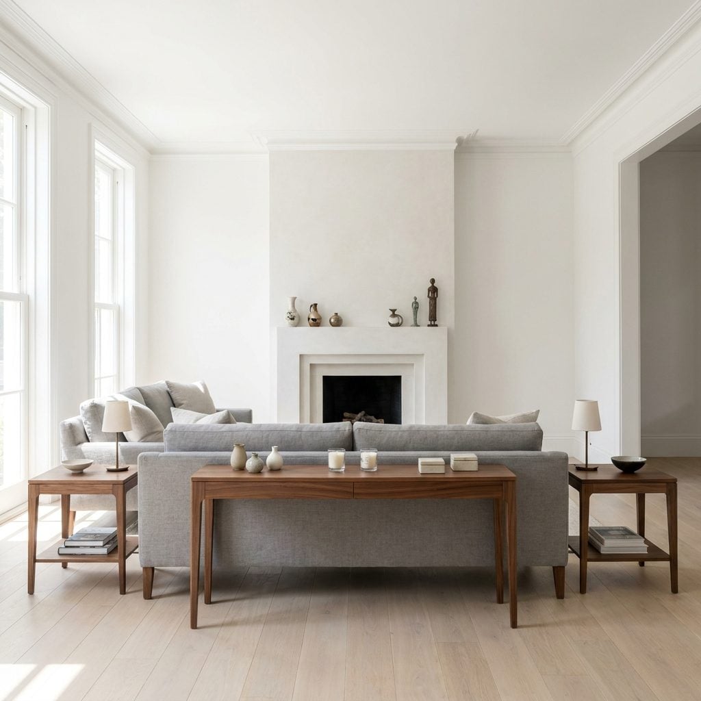 Elegant living room where the console, mantel, and end tables are covered with many small decorative objects.