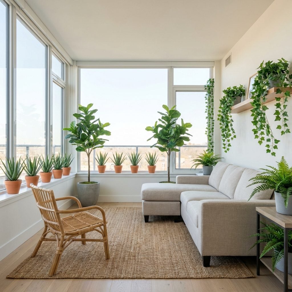 Bright sunroom filled with artificial greenery including two matching faux fiddle-leaf figs, plastic succulents, and fake
