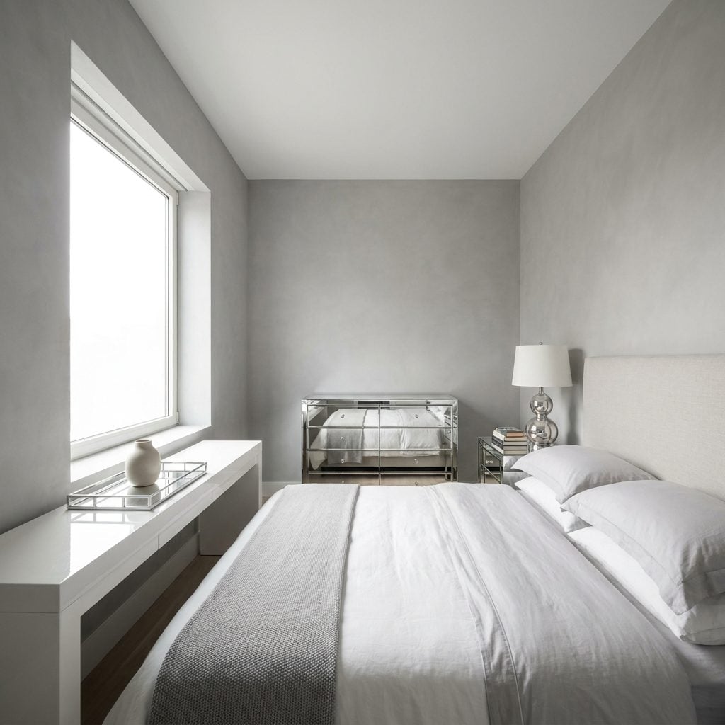 Primary bedroom with mirrored nightstands, a mirrored dresser, a high-gloss lacquer console, and chrome accessories